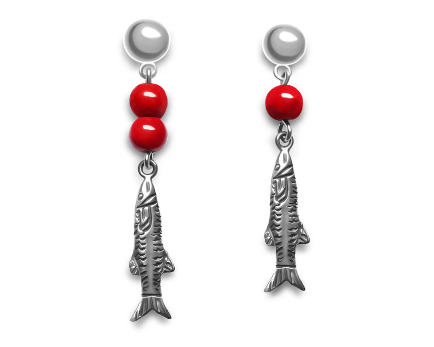 Fish fishing earrings. .925 silver and red marine bamboo beads