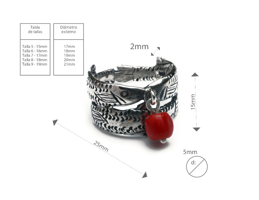 Ring the fishing. .925 silver and red dyed marine bamboo