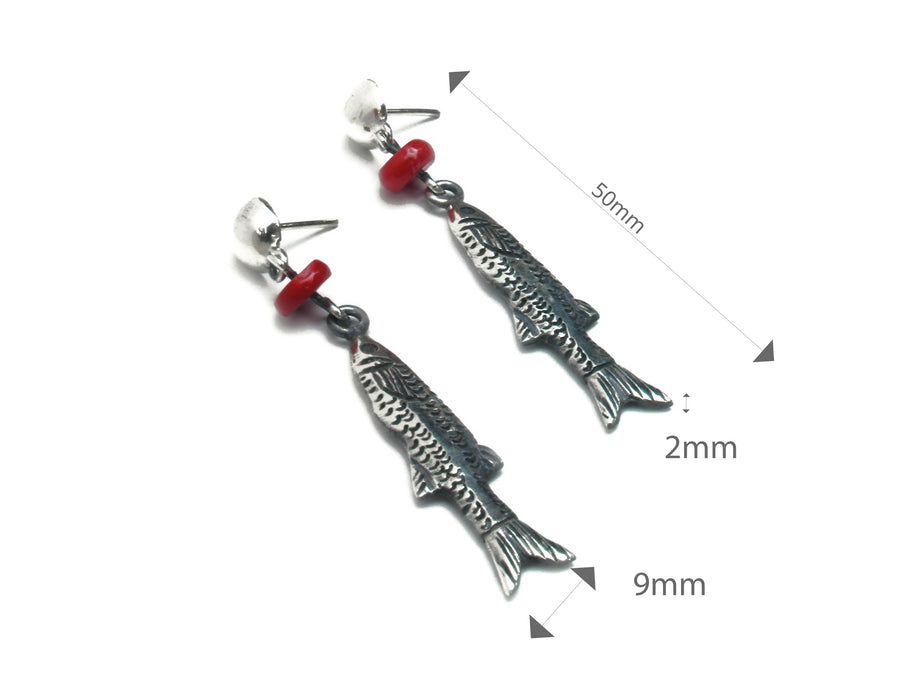 Fishing earrings. .925 silver and red dyed marine bamboo beads