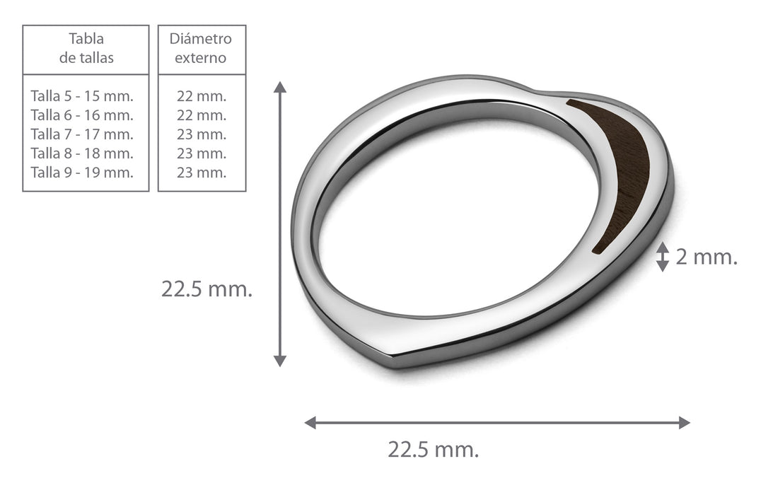 Anillo en forma de corazon con incrustacion de madera