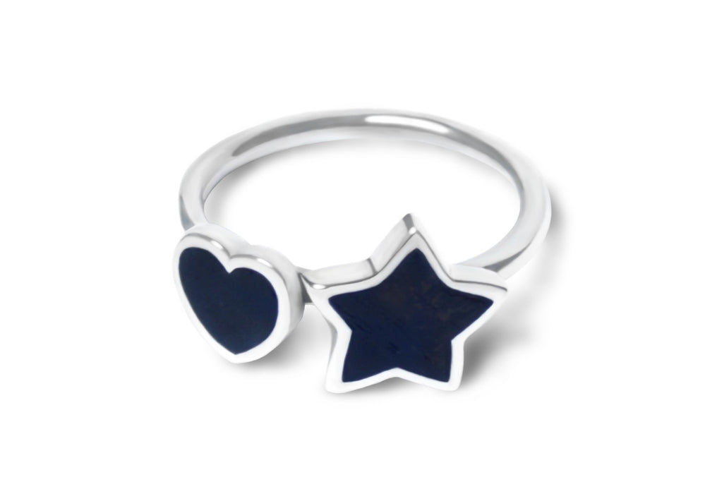 HEART AND STAR SILVER AND WOOD RING