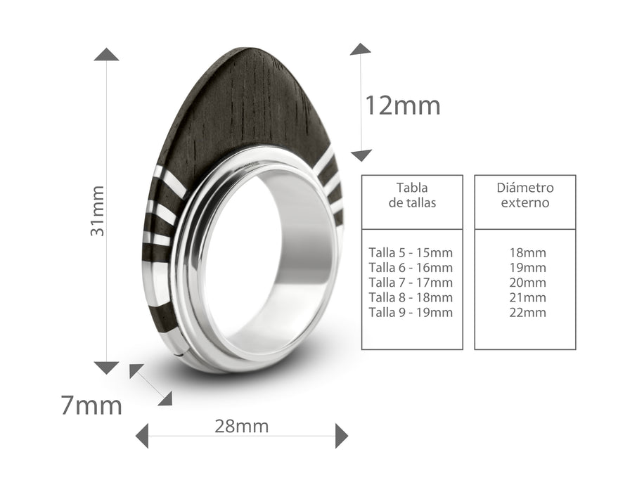 Anillo homenaje a Tom Wright. Plata ley .925 y madera cueramo.