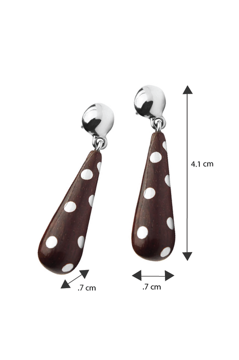 Wooden drop earrings inlaid with silver dots